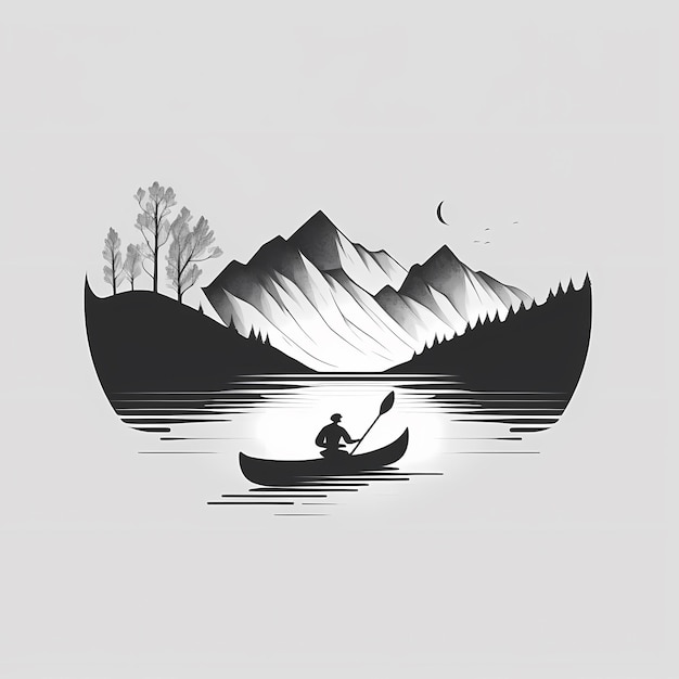 A man is rowing a canoe in a lake with mountains and trees.