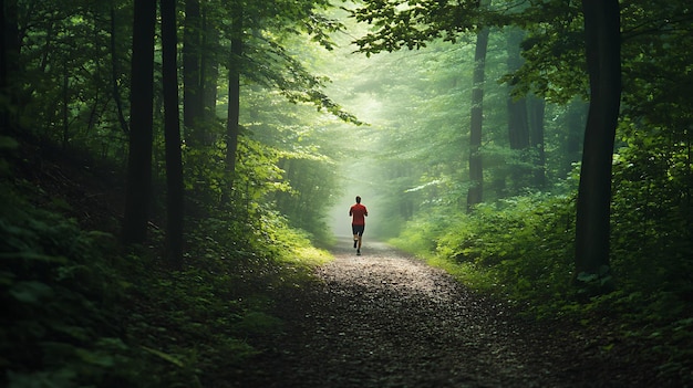 a man is running down a path in the woods