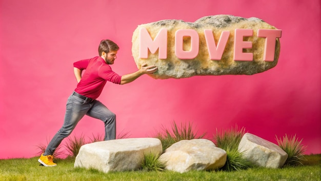 Photo a man is running past rocks with a rock in the background