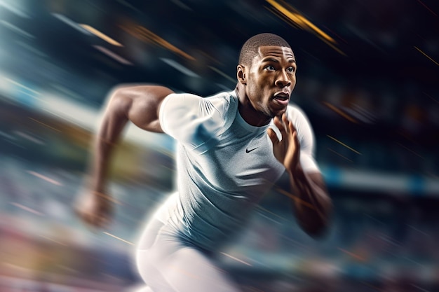 A man is running in a stadium with a white shirt that says nike on it.