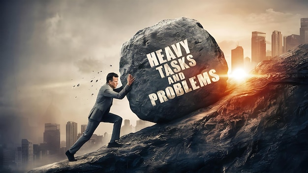 a man is running with a large rock and the words heavy problems and problems problems