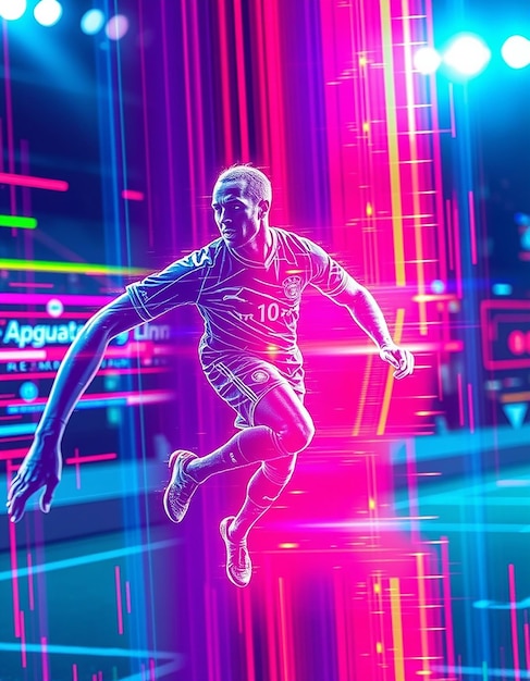 A man is running with a soccer ball in his hand Action player with neon glow