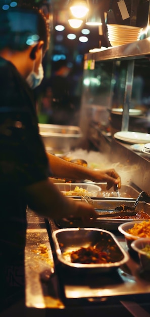 A man is seen standing in a kitchen actively engaged in the preparation of food