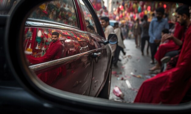 A man is seen through a car window as he waits for his turn to enter a temple.