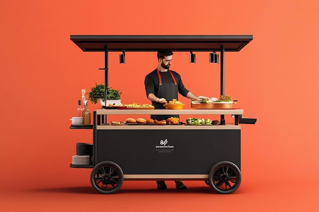 a man is selling a cart of food on a red background