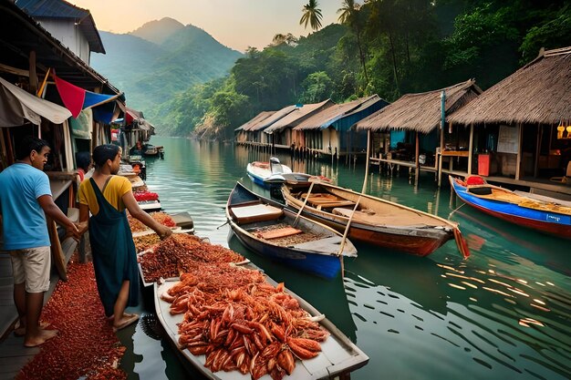 A man is selling fish in a boat on the water.