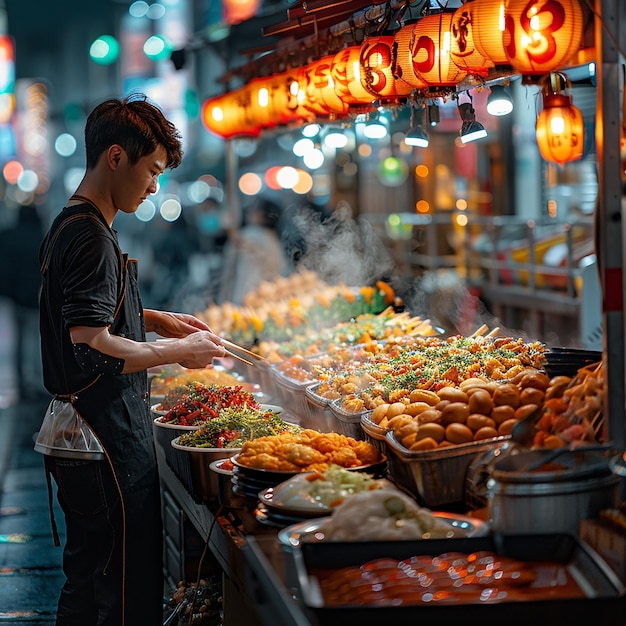 a man is selling food at a street market