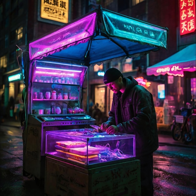 a man is selling something in front of a neon sign that saysespresso