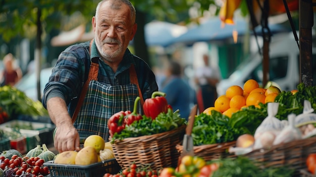 a man is selling vegetables at a market with a basket of vegetables