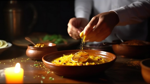 Photo a man is serving food in a bowl with a fire in the background