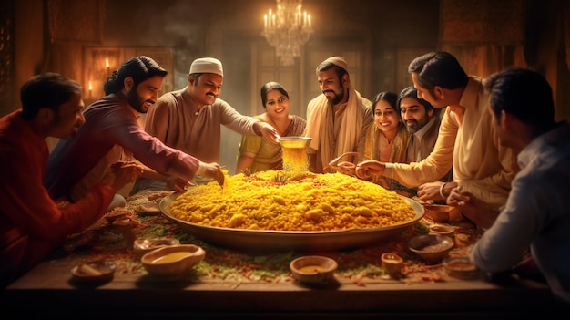 A man is serving food in a bowl with a fire in the background