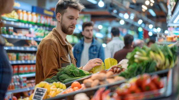 A man is shopping for vegetables in a grocery store