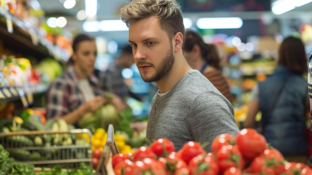 A man is shopping for vegetables in a grocery store