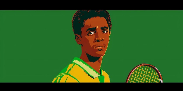 a man is shown with a green background and a picture of a tennis player