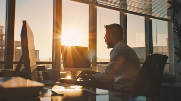 A man is silhouetted by the warm sunset deeply focused on his work at a desk in a modern office filled with golden light streaming through large windows