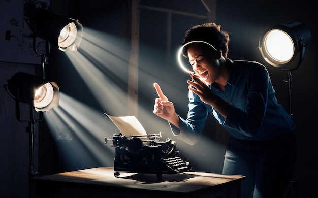 Photo a man is singing into a typewriter with a light behind him