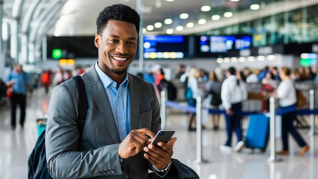 a man is sitting in an airport with a phone in his hand