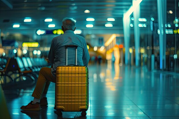 a man is sitting in an airport with a suitcase and a suitcase