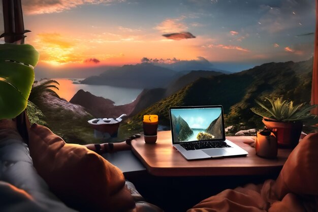 Photo a man is sitting in a bed with a laptop and a cup of coffee