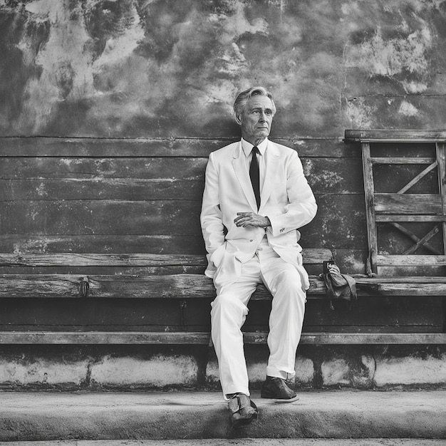 Photo a man is sitting on a bench and wearing a suit and tie