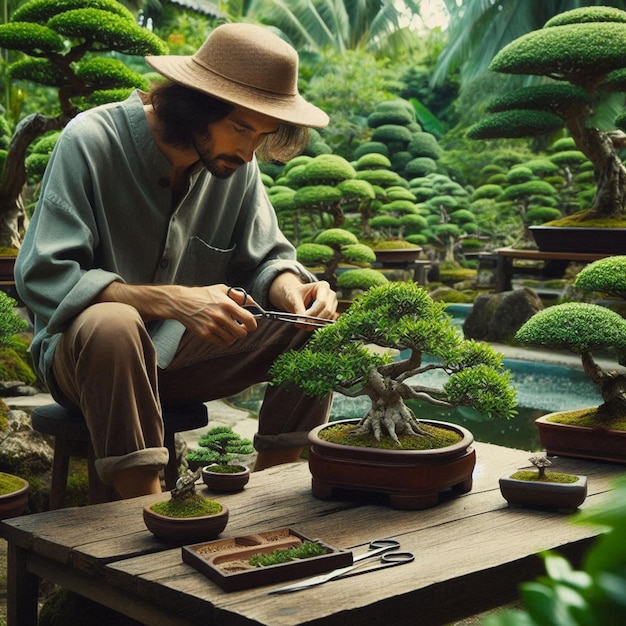 Photo a man is sitting on a bench with a pot with a plant on it