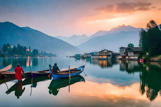 Photo a man is sitting in a boat on a lake with mountains in the background.