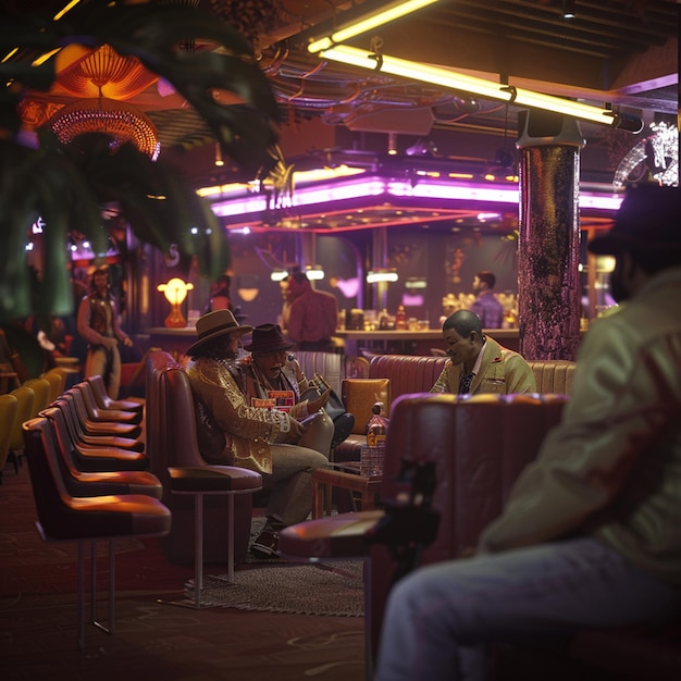 a man is sitting in a booth with a woman on his phone