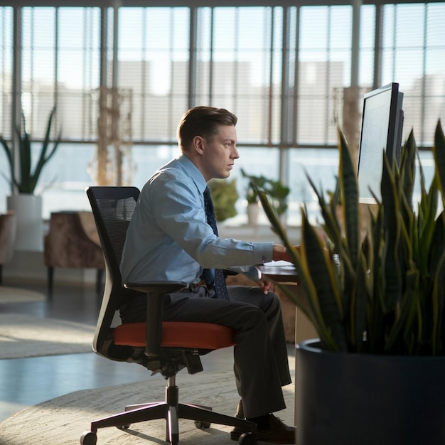 Photo a man is sitting in a chair and looking at a computer screen