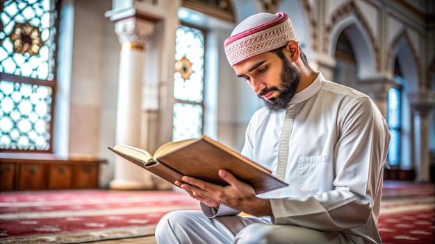 a man is sitting on a chair reading a book