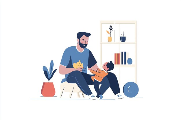 Photo a man is sitting on a chair with a baby and a potted plant