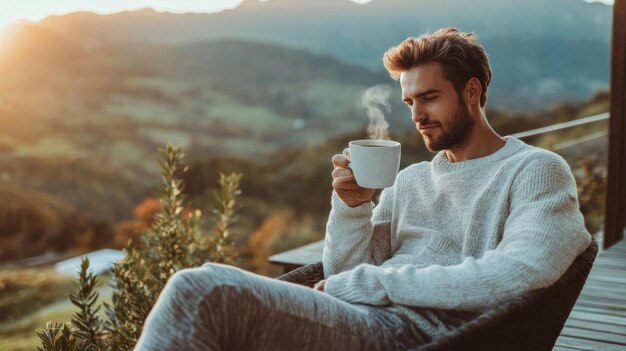 Photo a man is sitting on a chair with a cup of coffee in his hand