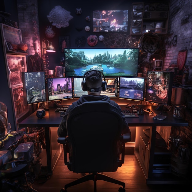 a man is sitting at a computer desk with a monitor that says " the world " on the screen.