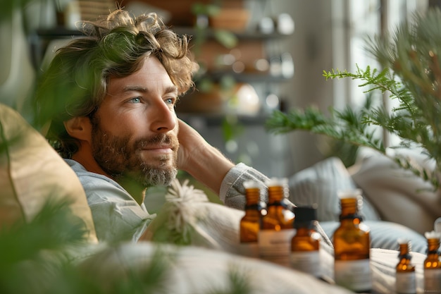 Photo a man is sitting on a couch in front of a table with bottles of essential oils