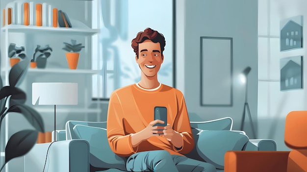 a man is sitting on a couch and looking at his phone