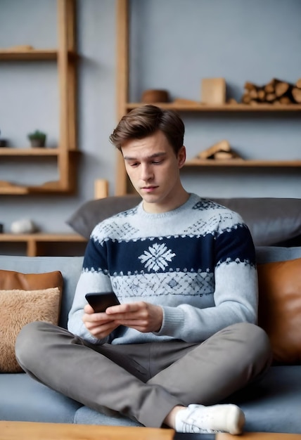 a man is sitting on a couch and looking at a phone