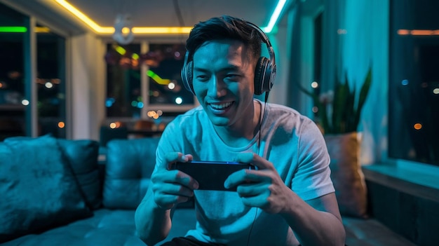 a man is sitting on a couch and smiling while holding a phone