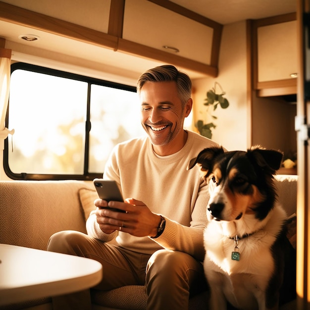 a man is sitting on a couch with a dog and a phone