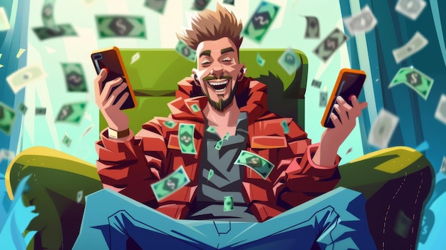 Photo a man is sitting on a couch with money in his hands