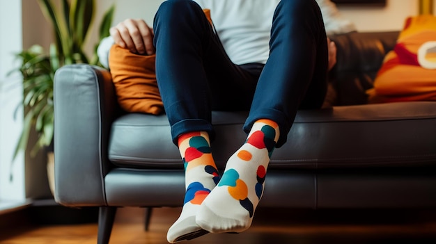 Photo a man is sitting on a couch with socks on