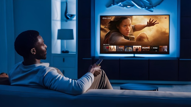 a man is sitting on a couch with a tv in the background