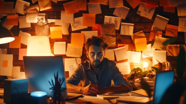 A man is sitting in a dark room surrounded by postit notes He is looking at a computer screen