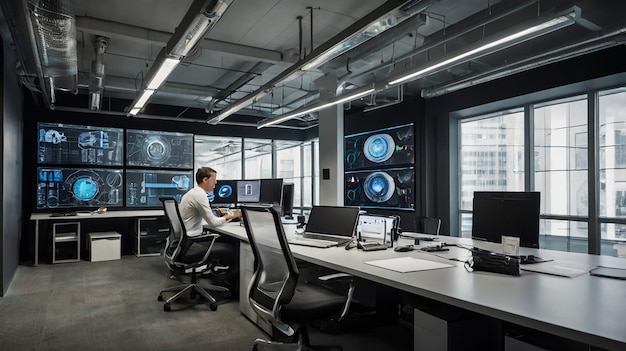 Photo a man is sitting at a desk in an office with a computer monitor and a monitor with the words quot no