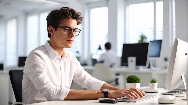 Photo a man is sitting at a desk and using a laptop