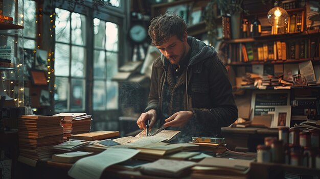 A man is sitting at a desk with a book in front of him