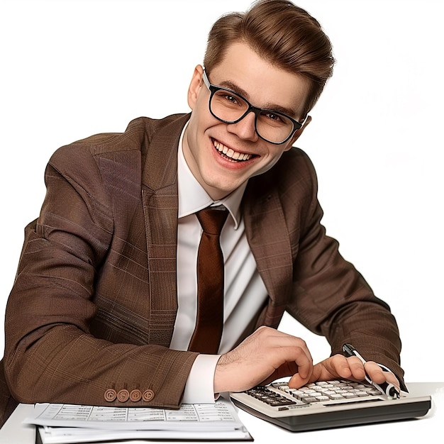 Photo a man is sitting at a desk with a computer and a graph on the screen