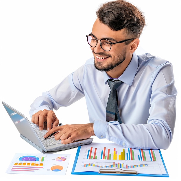 Photo a man is sitting at a desk with a computer and a graph on the screen