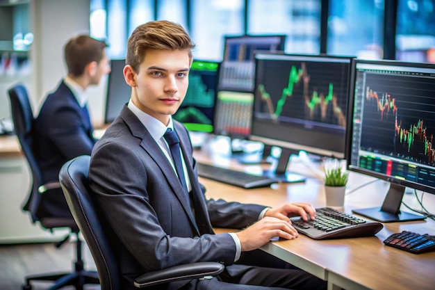 a man is sitting at a desk with a computer and a graph on the wall behind him