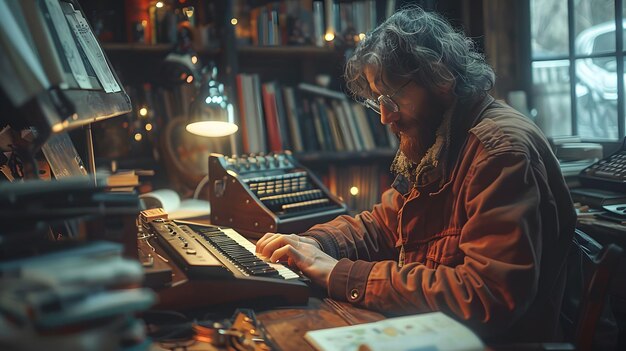 A man is sitting at a desk with a keyboard and a book He is typing on the keyboard and he is focused on his work The room is filled with books and there is a chair and a lamp in the background