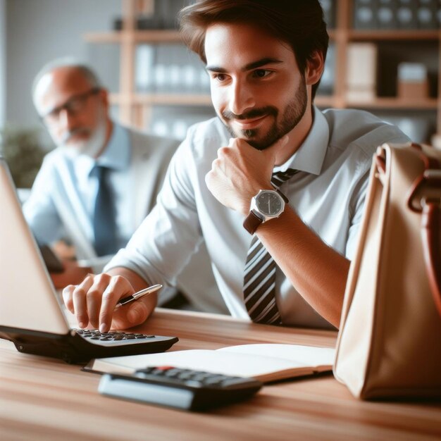 a man is sitting at a desk with a laptop and a calculator