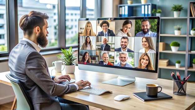 a man is sitting at a desk with a monitor showing the people in the background